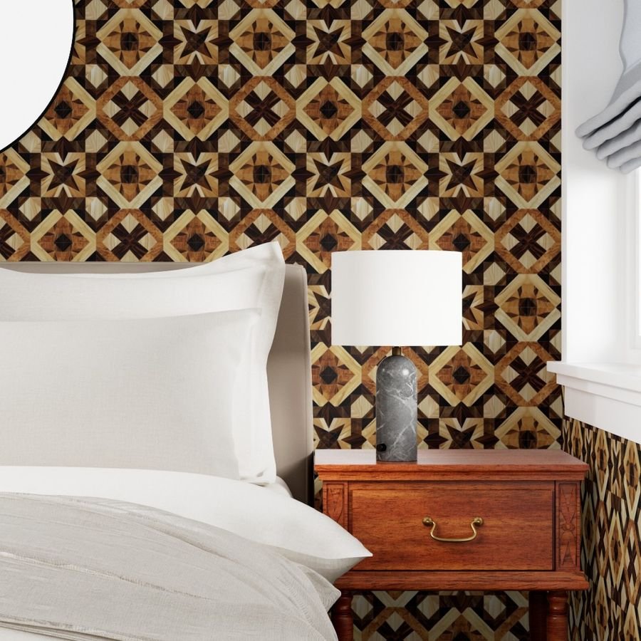 Geometric Marquetry Wood Inlay Pattern in Rich Dark Wood Tones Wallpaper wood texture wallpaper