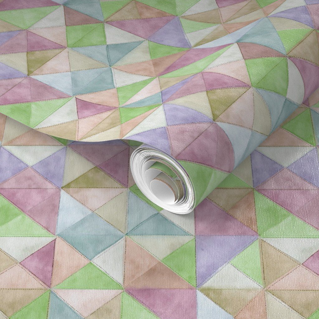 Soft Watercolor Quilted Patchwork Triangles in Spring Green and Wallpaper handmade look wallpaper
