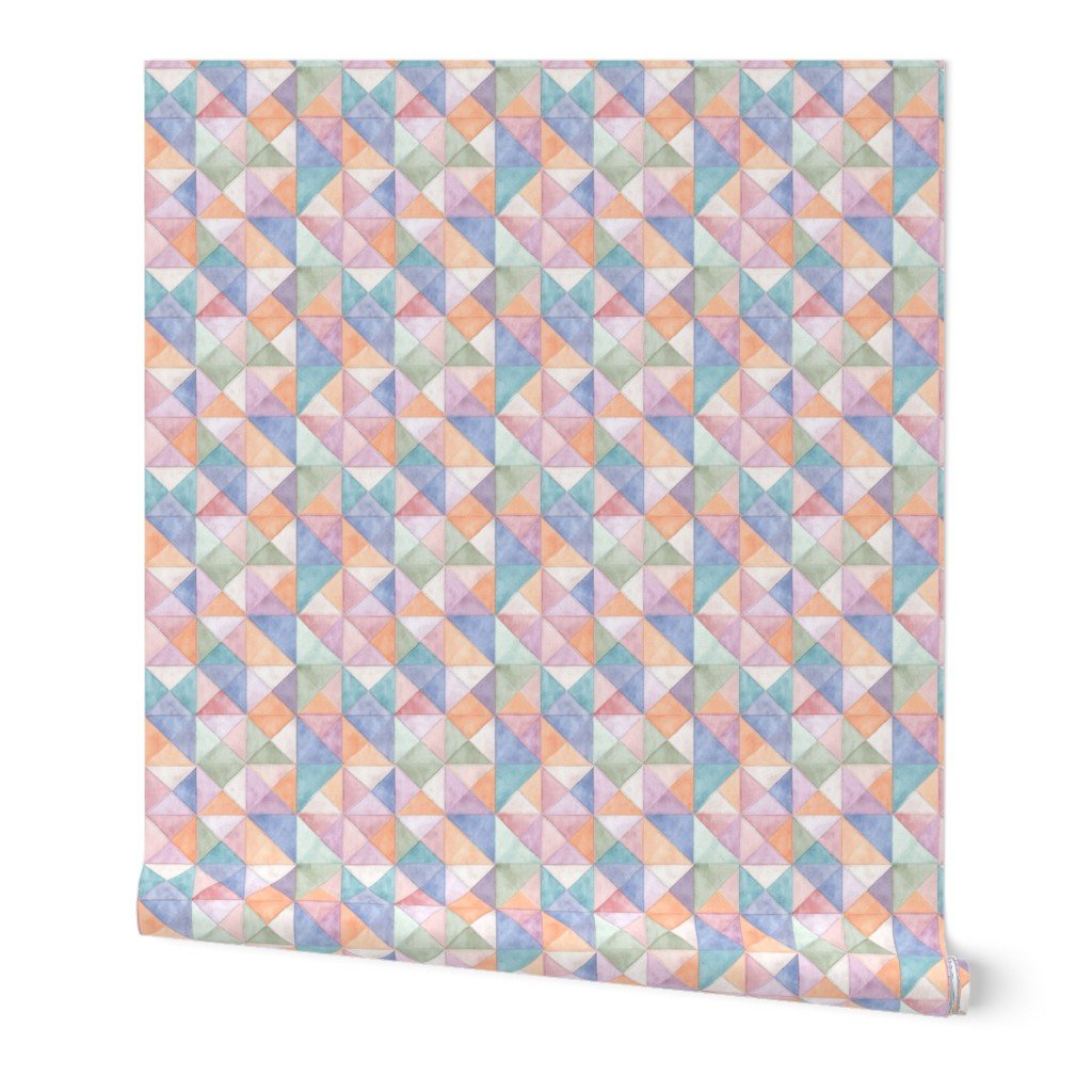 Soft Watercolor Quilted Patchwork Triangles in Peach Lavender and Wallpaper handmade look wallpaper