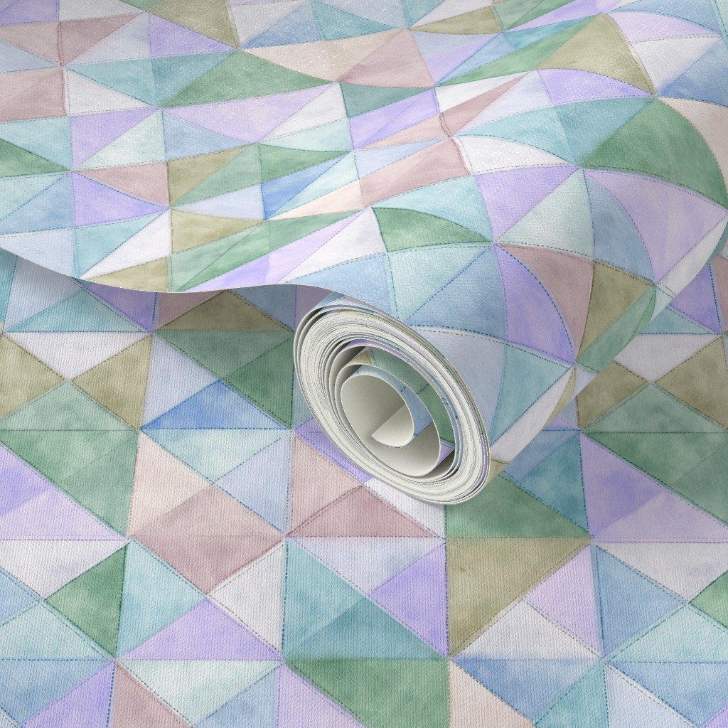 Soft Watercolor Quilted Patchwork Triangles in Mint Sage and Wallpaper handmade look wallpaper