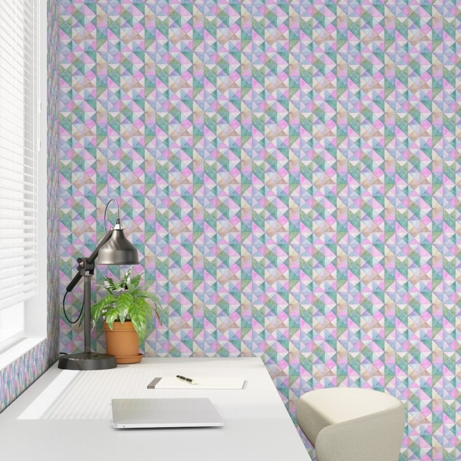 Soft Watercolor Quilted Patchwork Triangles in Pink Mint and Sage Wallpaper handmade look wallpaper
