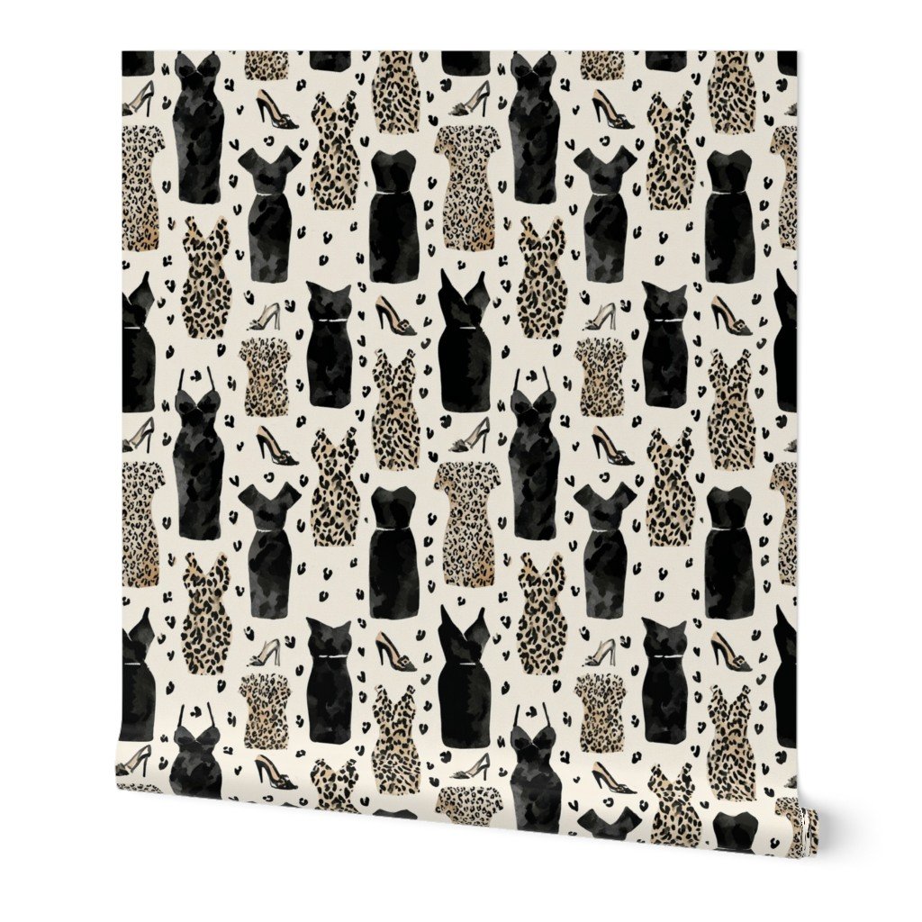 Leopard and Black Dress Fashion Pattern with Heels on Light Wallpaper boutique style wallpaper