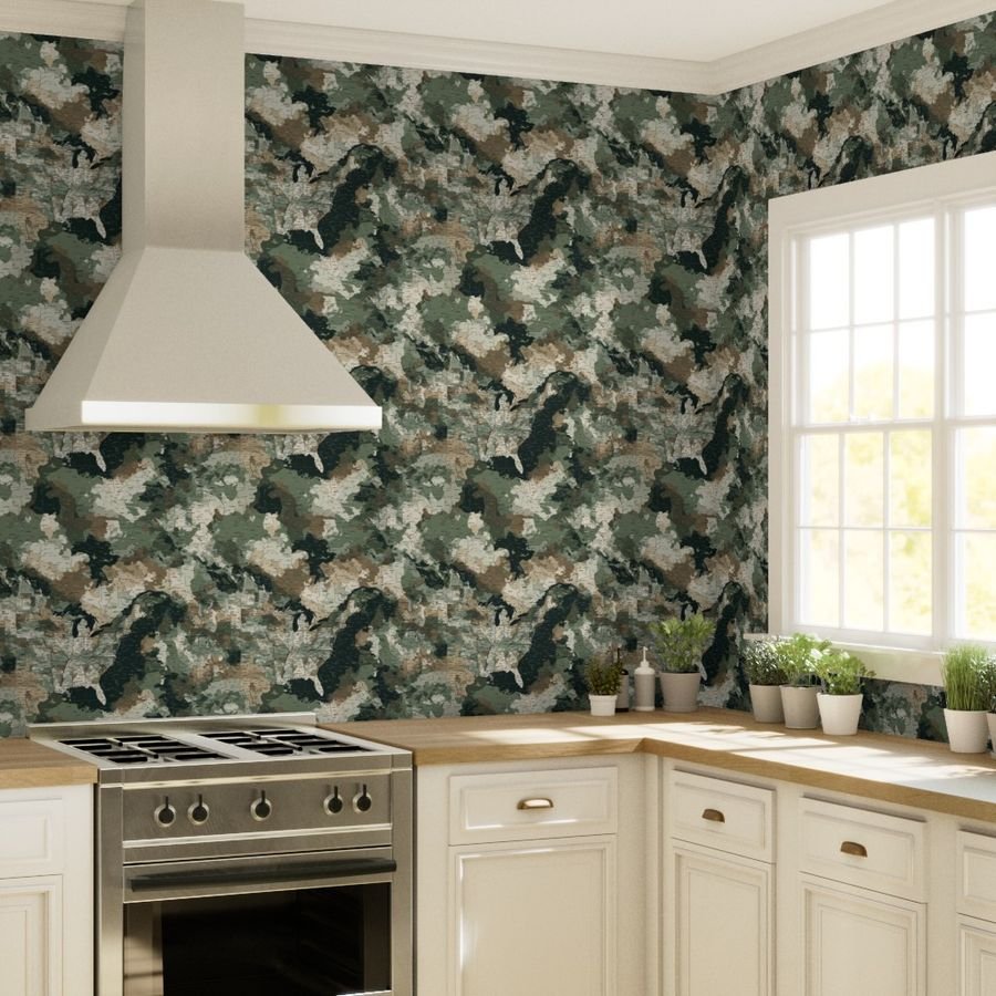 USA State Outline Camouflage Map Design in Earth Tone Green and Sand Wallpaper bold wallpaper