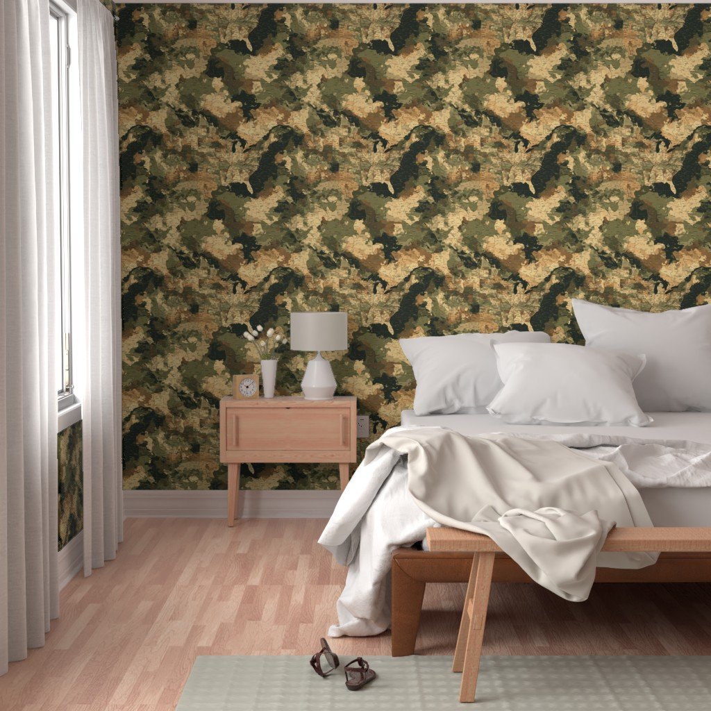 USA State Outline Camouflage in Sand and Deep Forest Wallpaper bold wallpaper