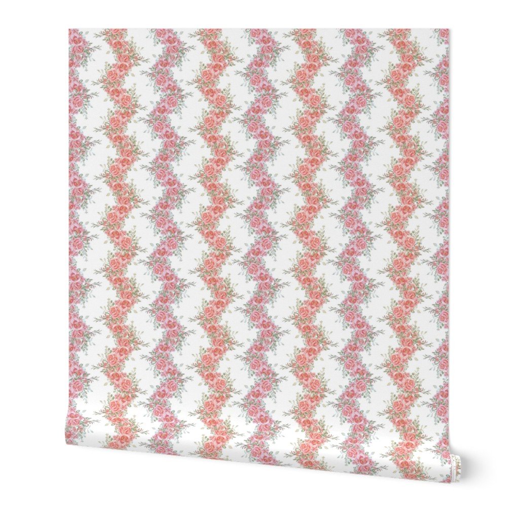 Vintage English Garden Small Two Tone Pink Rose Stripe Pattern on Whit W Wallpaper elegant wallpaper