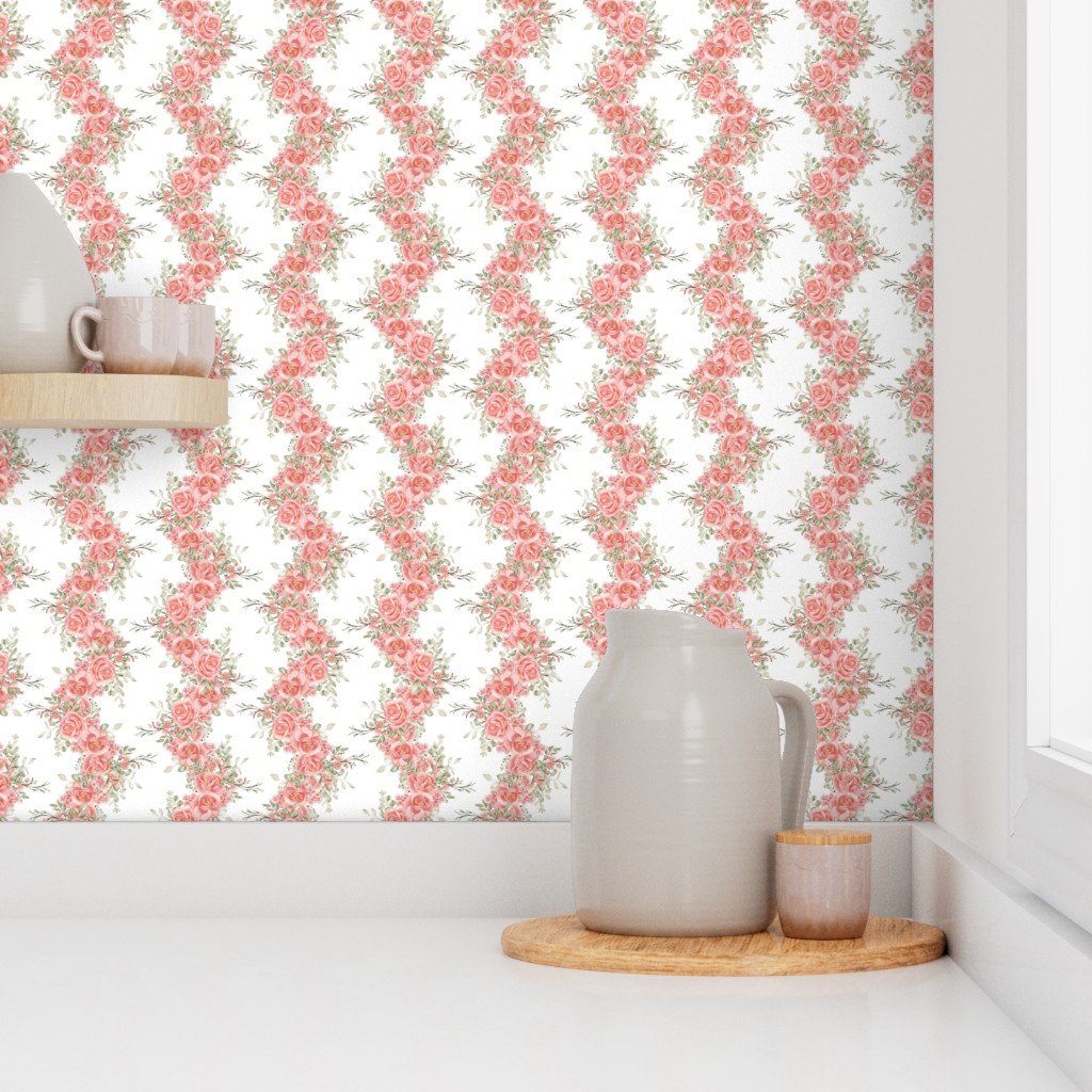 Vintage English Garden Small Coral Pink Rose Stripe Pattern on White Wallpaper coral wallpaper