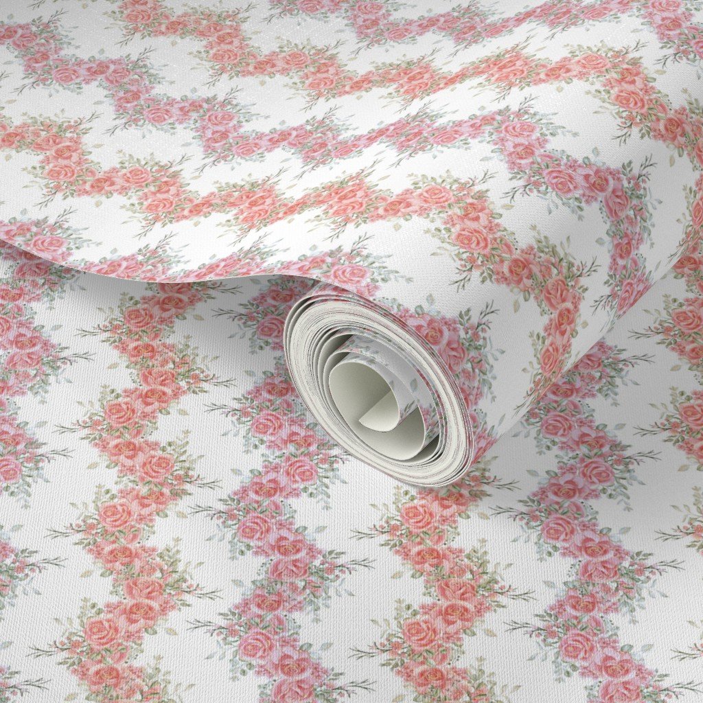 Vintage English Garden Tiny Two Tone Pink Rose Stripe Pattern on White W Wallpaper elegant wallpaper
