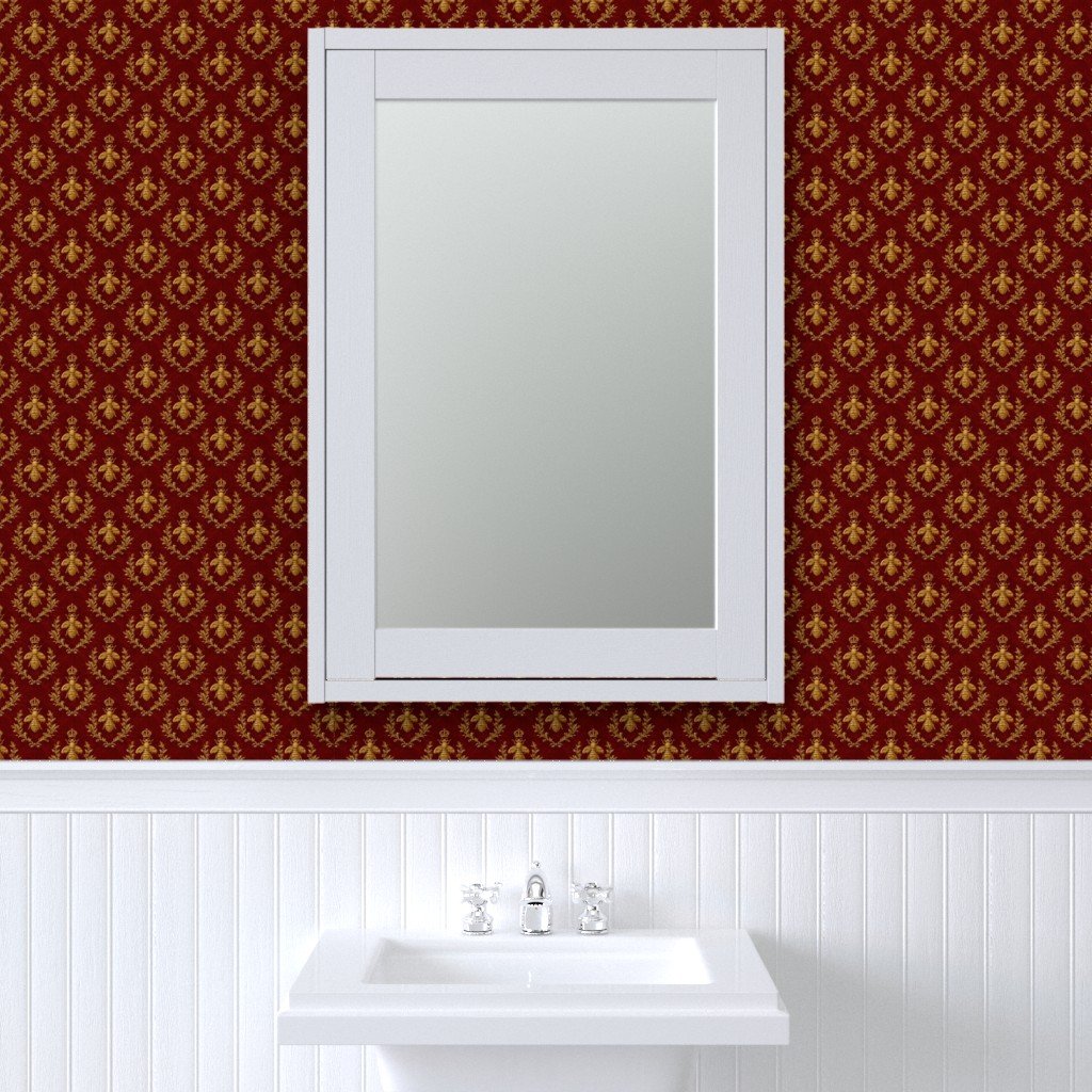 Small Napoleonic Royal Bee and Laurel Wreath Pattern on Crimson Red Wallpaper french empire wallpaper