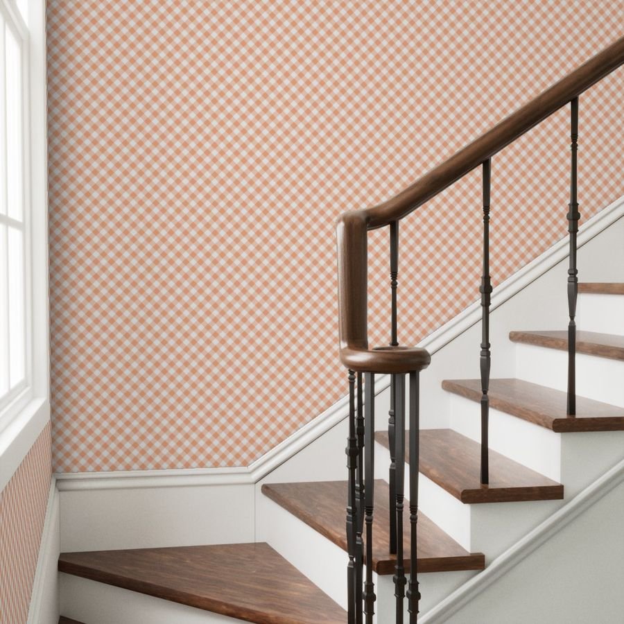 Peach Orange Gingham Check Plaid Wallpaper farmhouse wallpaper