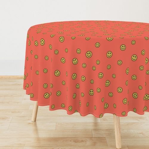 Retro Yellow Smiley Faces on Coral Decor Collection Design Collection yellow smileys tablecloth design