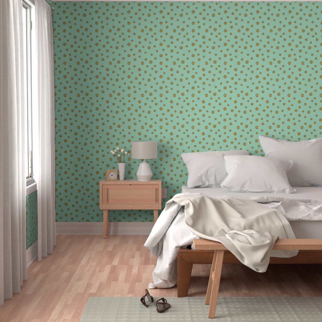 Retro Yellow Smiley Faces on Mint Green Wallpaper yellow smileys wallpaper