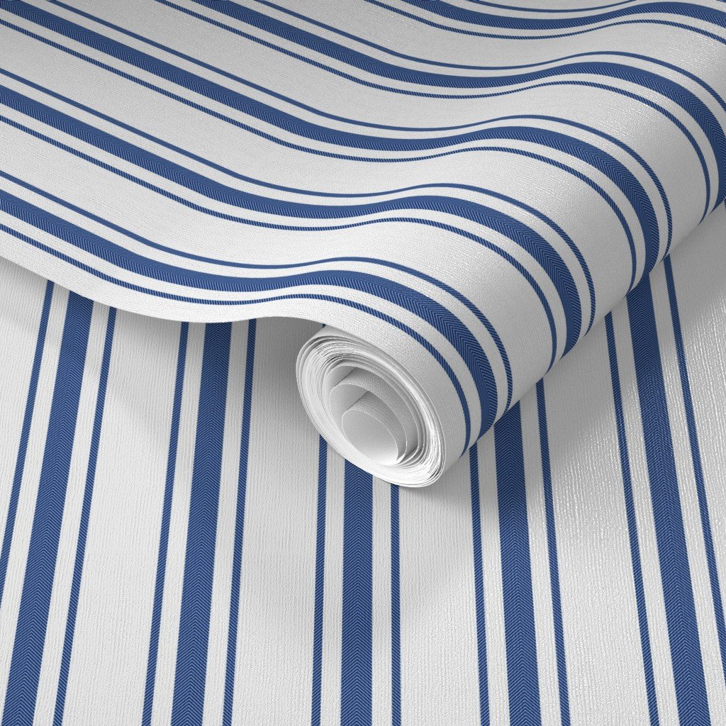 Mattress Ticking Wide Striped Pattern in Dark Blue and White Wallpaper blue and white wallpaper