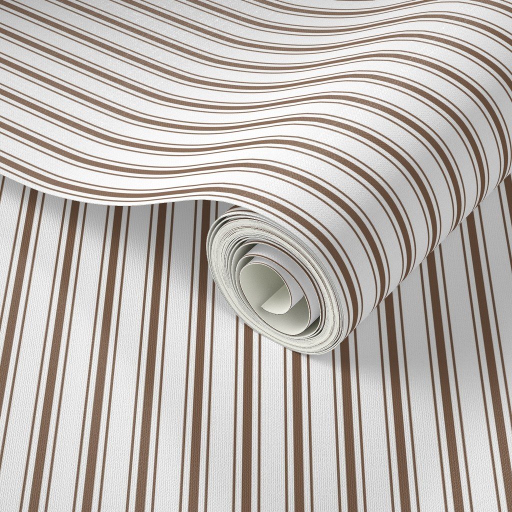 Mattress Ticking Narrow Striped Pattern in Chocolate Brown and White Wallpaper brown ticking wallpaper