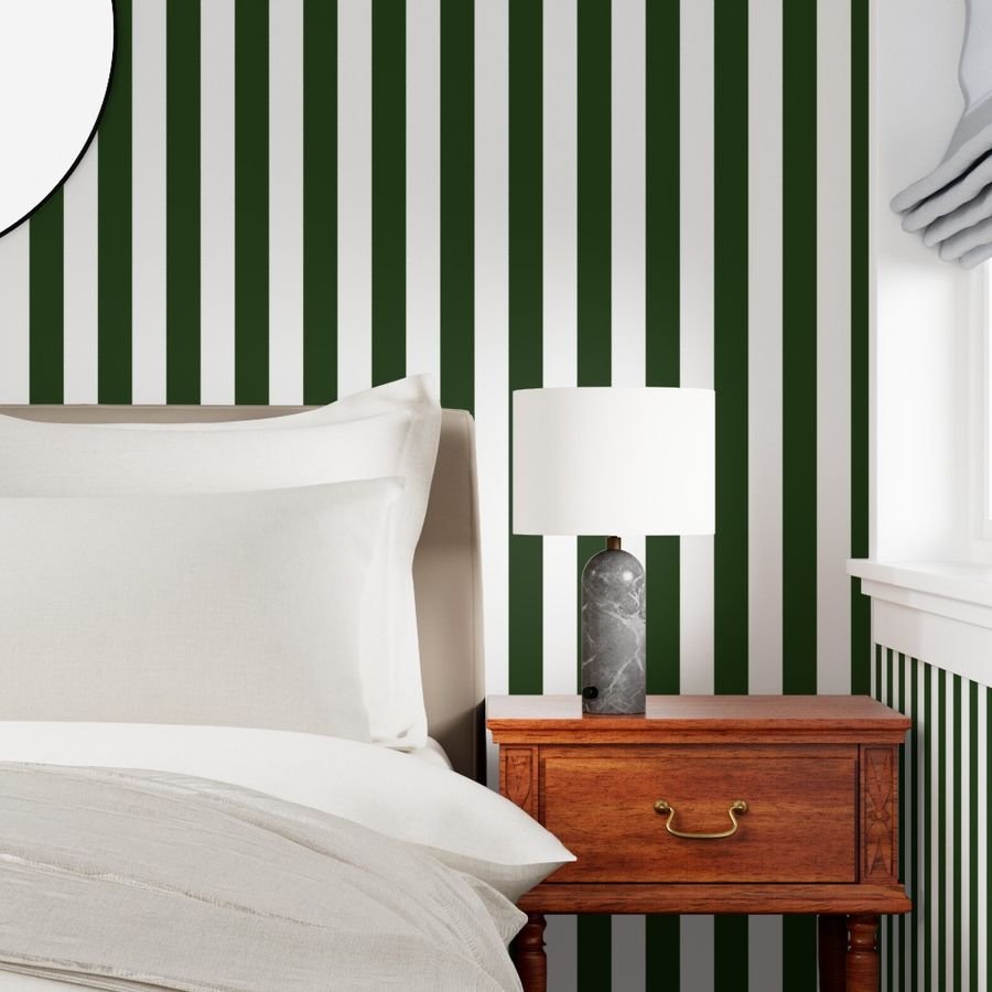 Forest Green and White Wide 2-inch Cabana Tent Vertical Stripes Wallpaper cabana tent wallpaper