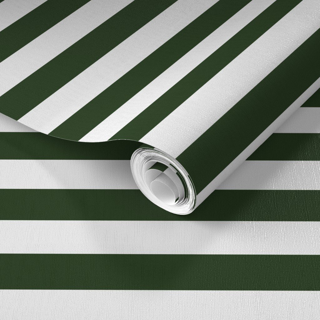 Forest Green and White Big 1-inch Beach Hut Horizontal Stripes Wallpaper beach stripes wallpaper