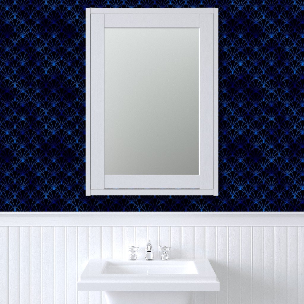 Scallop Shells in Black and Classic Blue Art Deco Vintage Faux Foil Wallpaper blue foil wallpaper