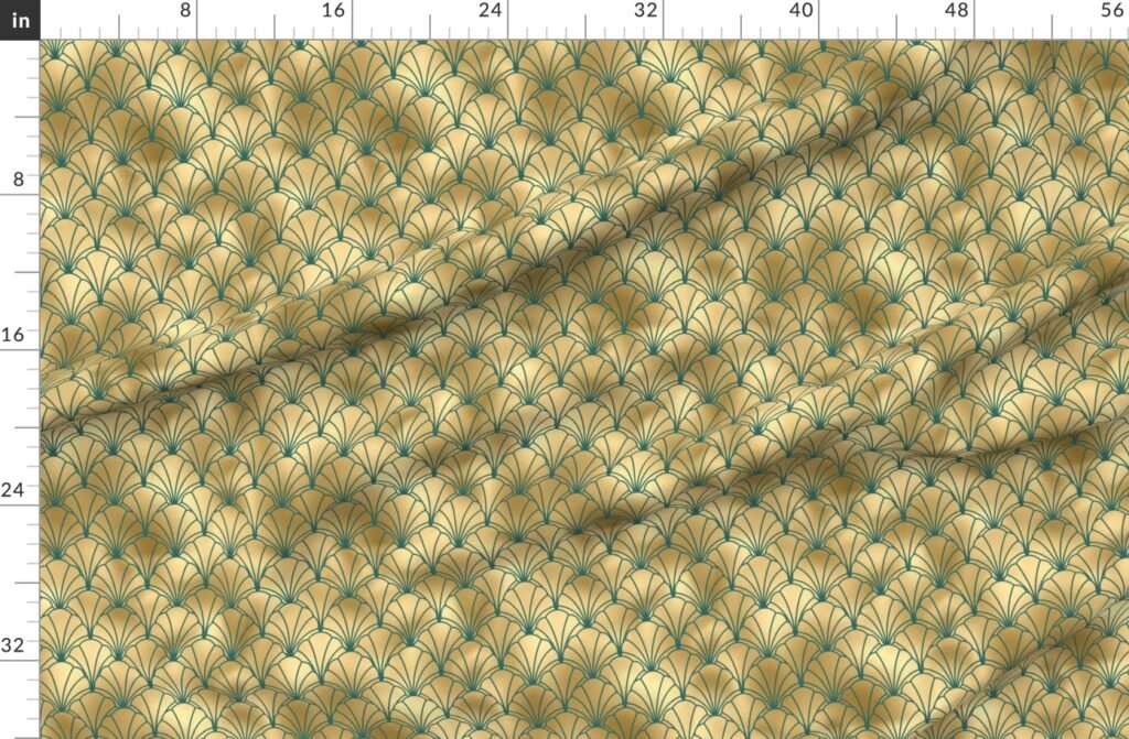 Teal and Faux Gold Foil Vintage Art Deco Scallop Shell Pattern Fabric design