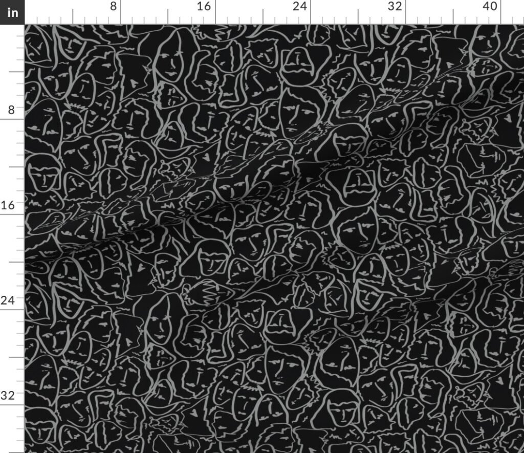 Elio's Shirt Faces in Faded Vintage Grey Outlines on Black Crying Fabric design
