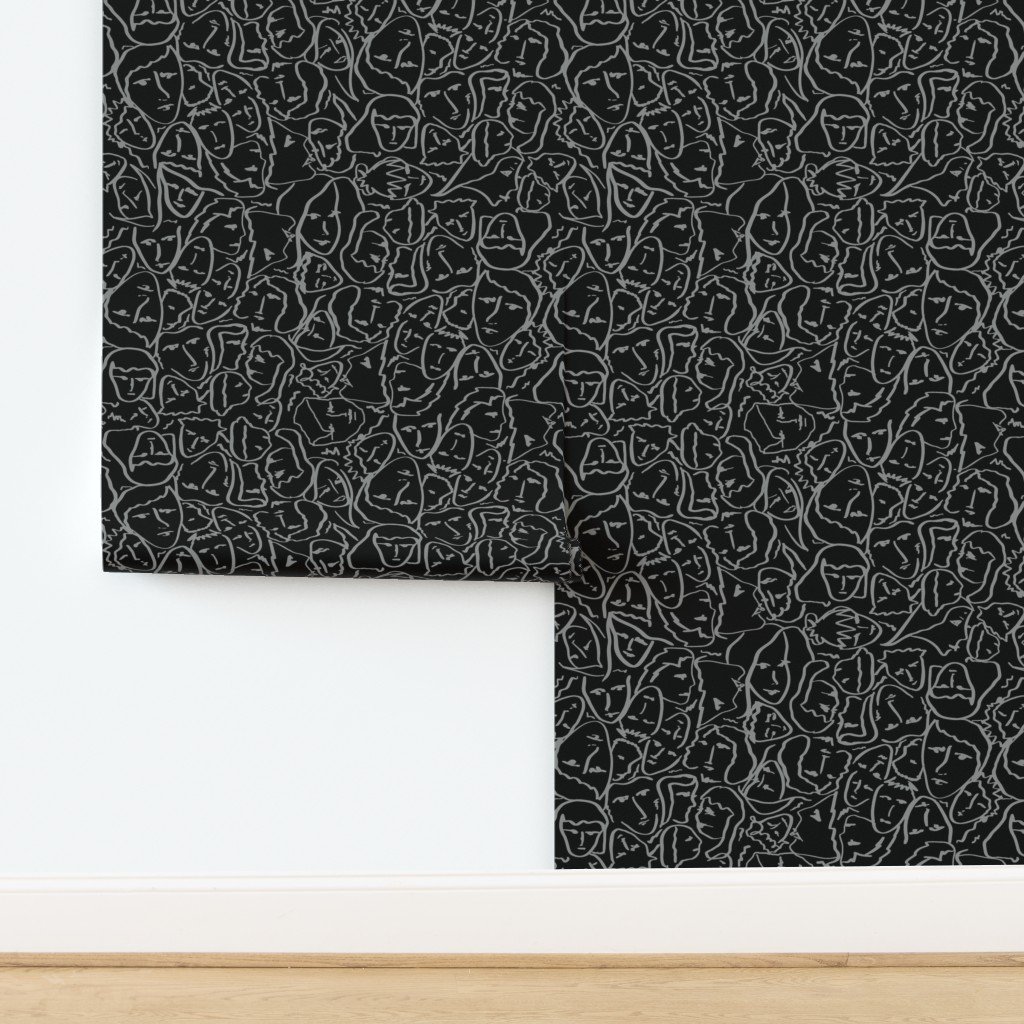 Elio's Shirt Faces in Faded Vintage Grey Outlines on Black Crying Wallpaper design