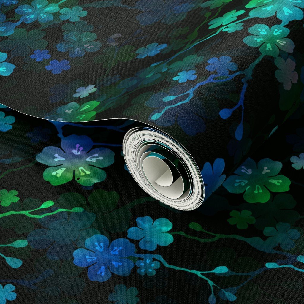 Bright Neon Green and Blue Cherry Blossom Flowers and Vines Wallpaper rainbow vines wallpaper