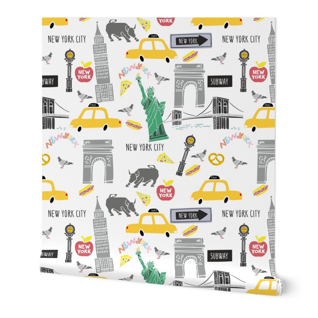 New York City Handdrawn Motifs Empire State Statue of Liberty Yellow Wallpaper empire state wallpaper