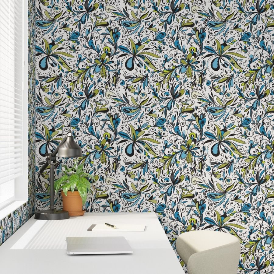 Floral Doodles Seamless Repeat Pattern in Blue and Green Wallpaper floral repeat wallpaper