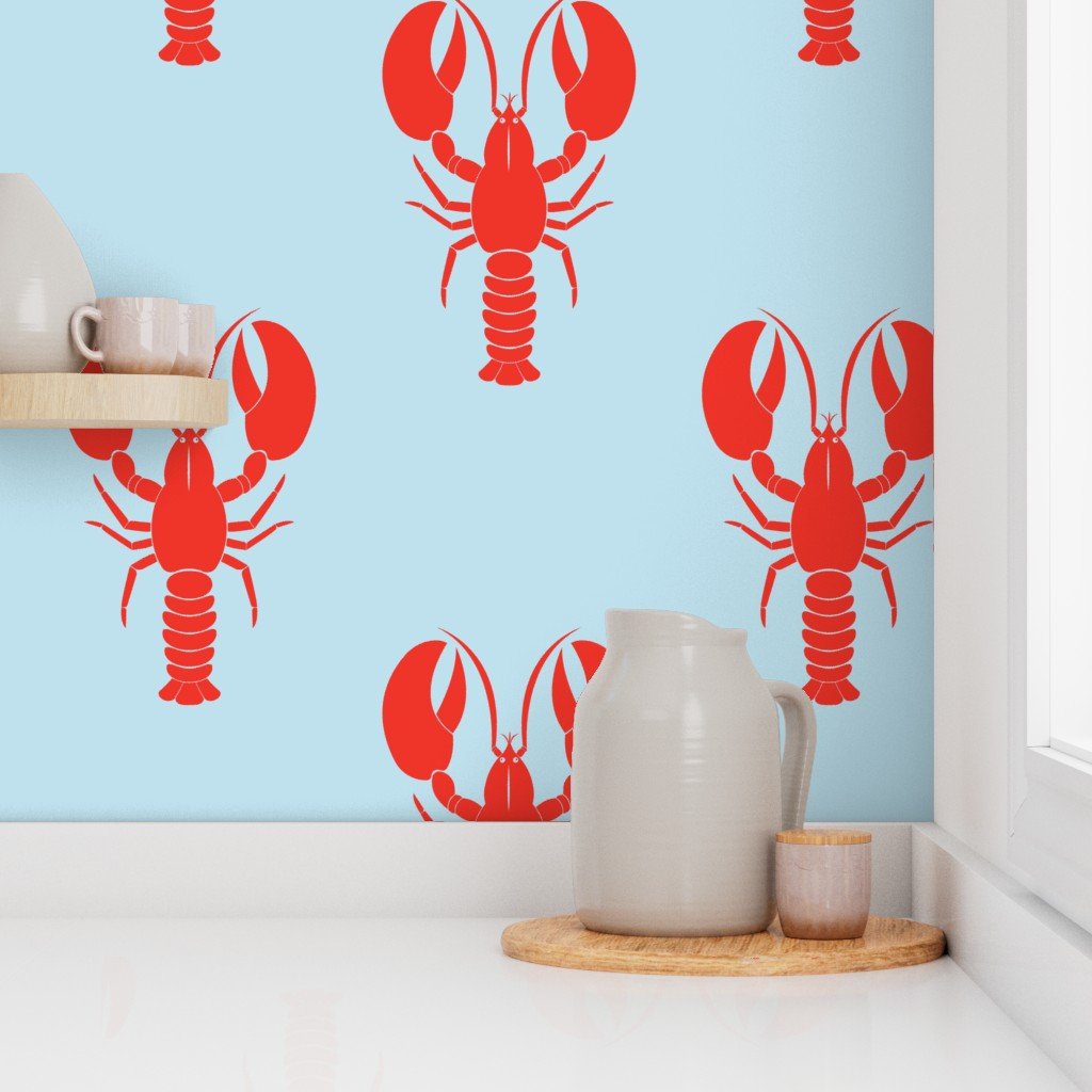 Handdrawn Motif of a Red Lobster on Pale Blue Wallpaper pale blue wallpaper
