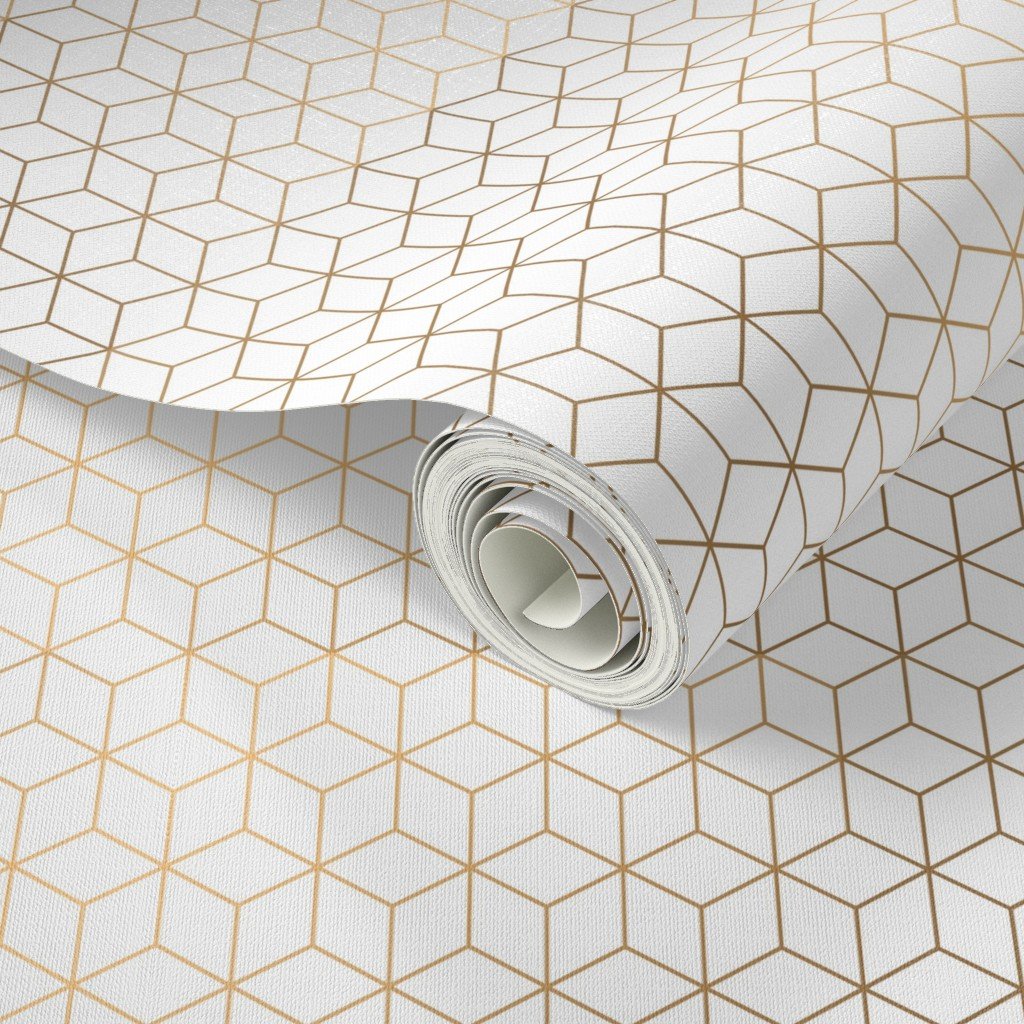 Small White and Faux Metallic Gold Art Deco 3D Geometric Cubes Wallpape faux gold wallpaper