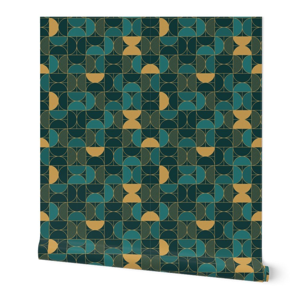 Bold Art Deco Geometric Demi-Circles in Faux Metallic Gold and Brown Wallpaper faux metallic circle wallpaper