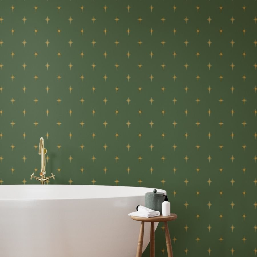 Christmas Faux Gold Foil Star in Fir Tree Green Wallpaper gold foil wallpaper