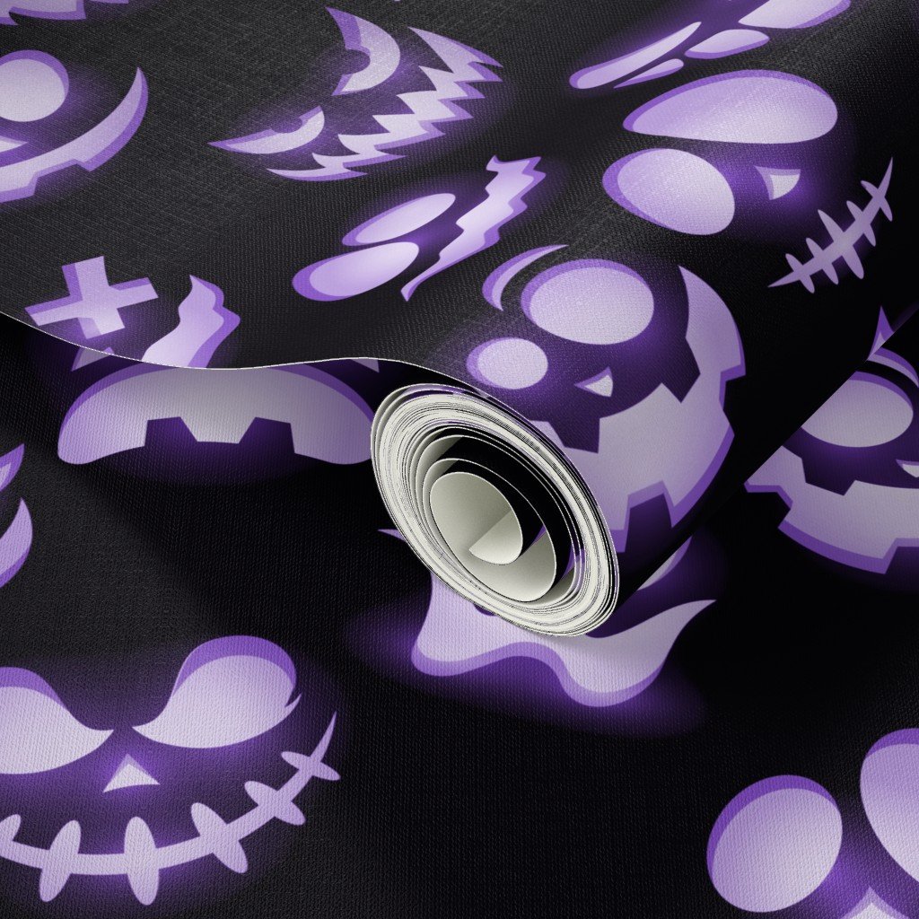 Micro Grinning Halloween Purple Faces on Black Wallpaper pumpkin faces wallpaper