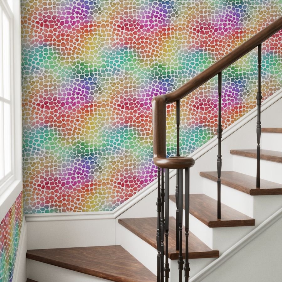 Rainbow Bright Pastel Mosaic Watercolor Spots in Mirror Repeat Wallpaper multicolored dots wallpaper