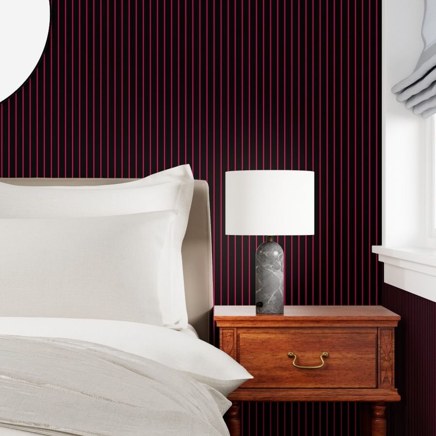 Classic wider 1 Inch Bright Hot Pink Pinstripe on a Black Background Wallpaper pink and black wallpaper