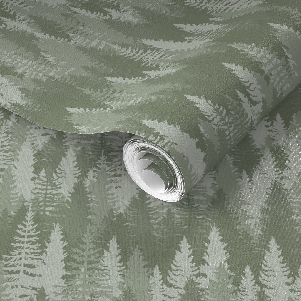Endless Evergreen Forest with Fir Trees in Shades of Sage Green Wallpaper fir tree wallpaper