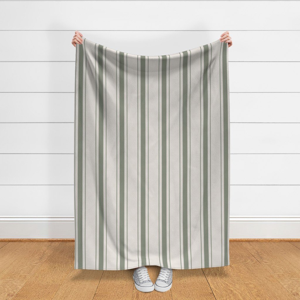 Fern Green Antique Vintage Mattress Ticking Stripe on Cream Fabric green and cream fabric