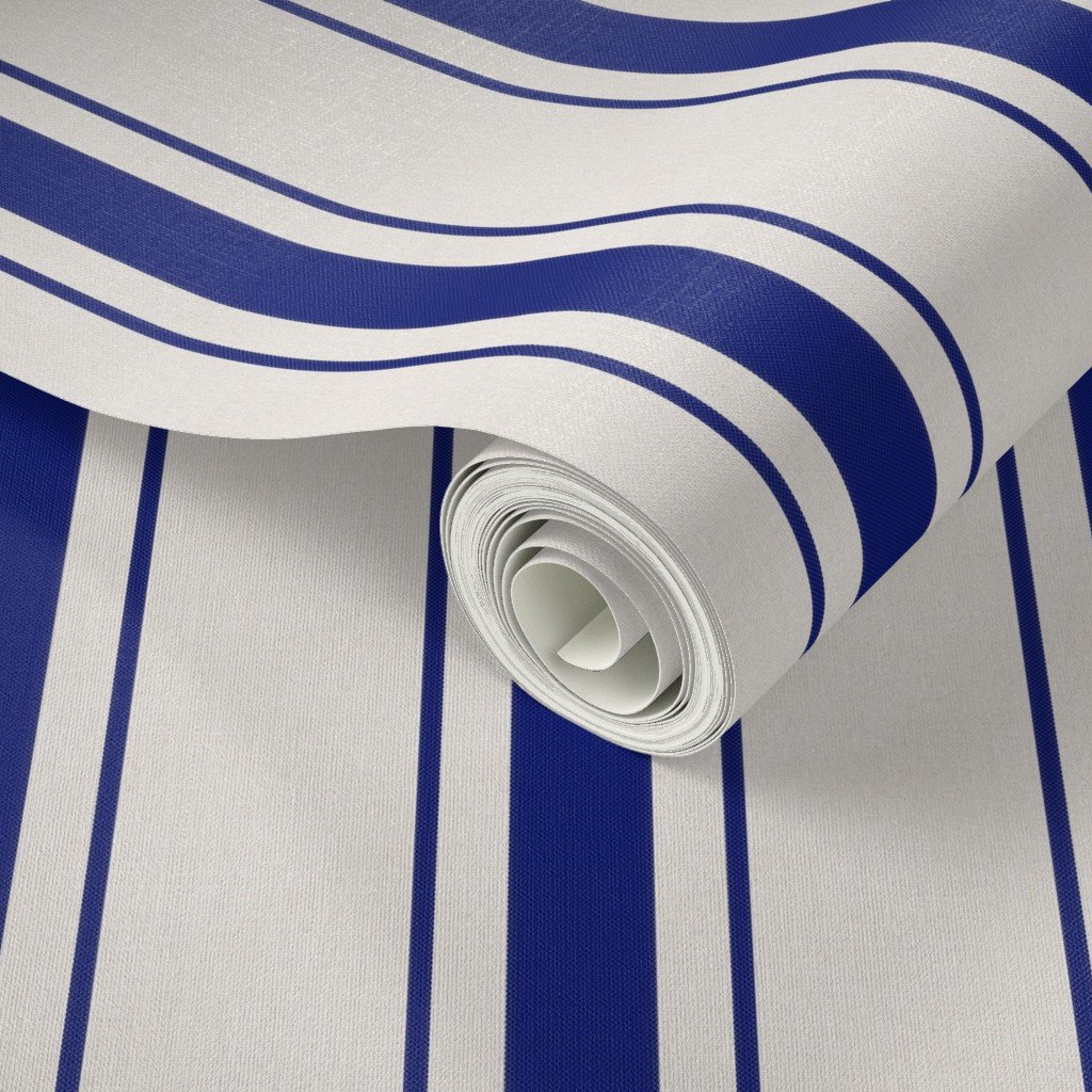 Navy Blue Antique Vintage Mattress Ticking Stripe on Cream Wallpaper blue ticking wallpaper