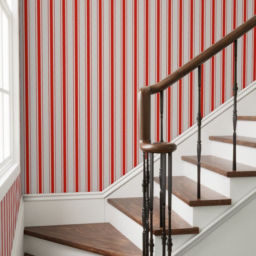 Garnet Red Antique Vintage Mattress Ticking Stripe on Cream Wallpaper mattress ticking wallpaper
