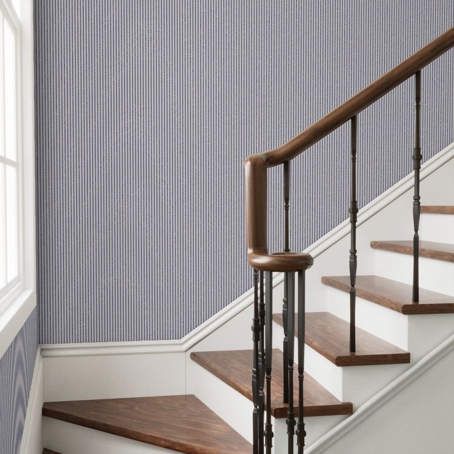 Micro Cornflower Blue Antique Vintage Mattress Ticking Stripe on Wallpaper blue and cream wallpaper