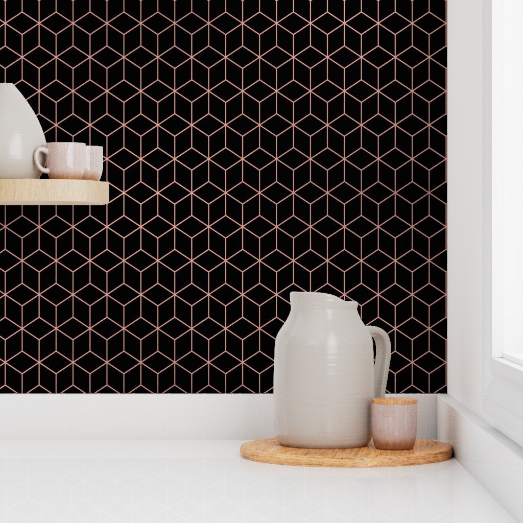 Large Black and Faux Metallic Rose Gold Art Deco 3D Geometric Cubes Wallpaper cube pattern wallpaper