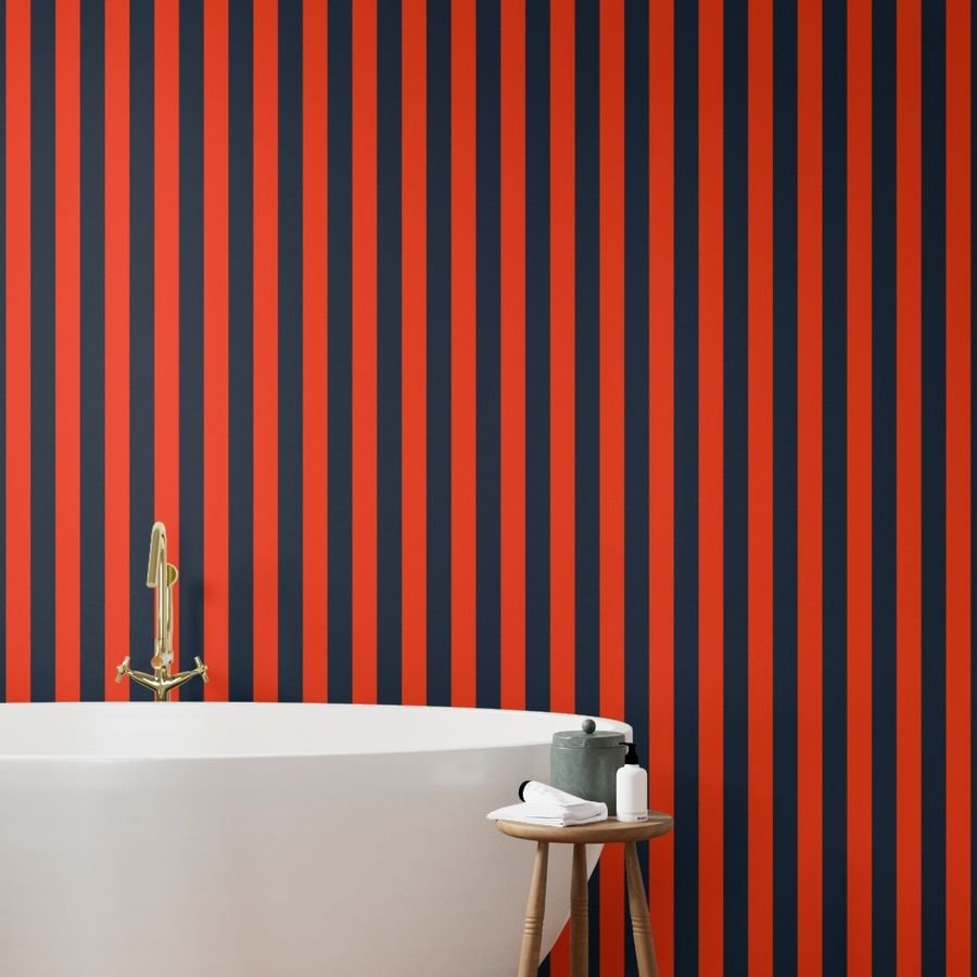 3 Inch Vertical Navy and Orange Cabana Stripes Wallpaper orange and blue wallpaper