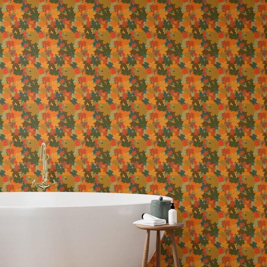 Smaller Autumn Leaves Scattered in Gold Red Brown and Green Wallpaper gold leaves wallpaper