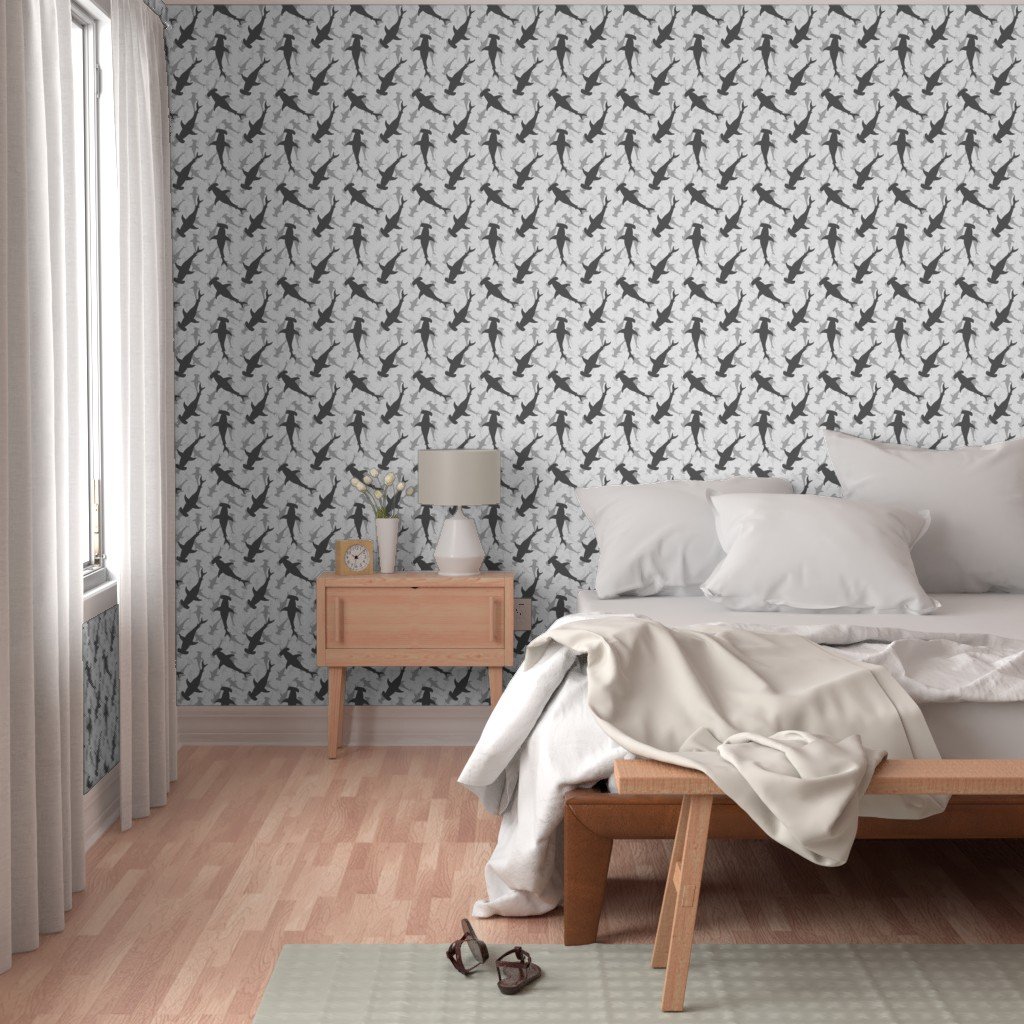 Hammerhead Sharks in Grey Silhouette Circling on White Wallpaper bull wallpaper