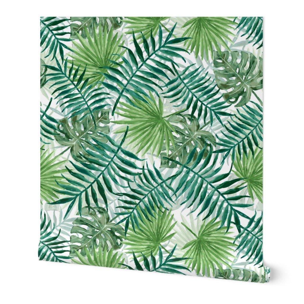 Large Green Fern Palm and Monstera Tropical Plants Wallpaper bright wallpaper