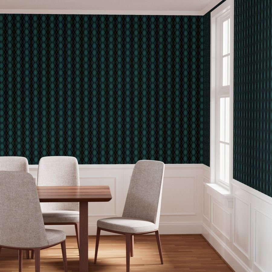 Dark Teal Argyle Diamond Check Wallpaper mockup view