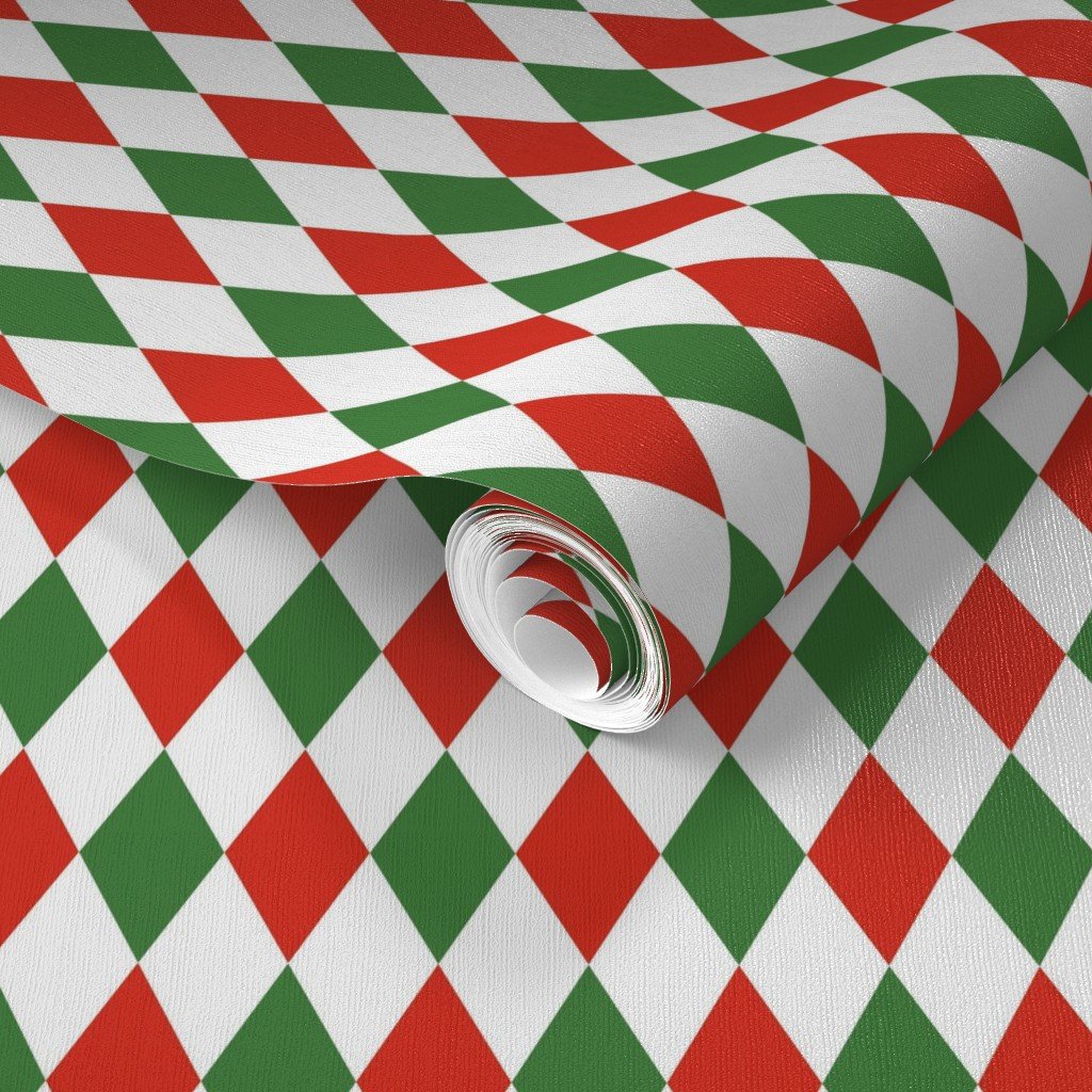 Red Green Christmas Harlequin Diamond Check 1 inch Wallpaper diamond pattern wallpaper