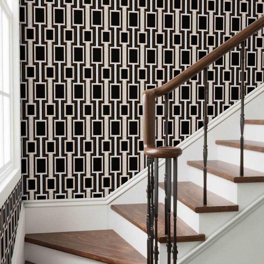 Small Art Deco Geometric Rectangles in Black and Faux Gold with Off Wallpaper eggshell pattern wallpaper