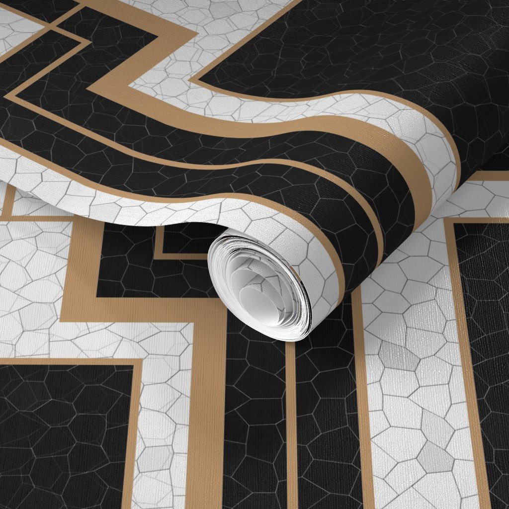 Jumbo Art Deco Geometric Rectangles in Cracked Black and Faux Gold Wallpaper cracked pattern wallpaper