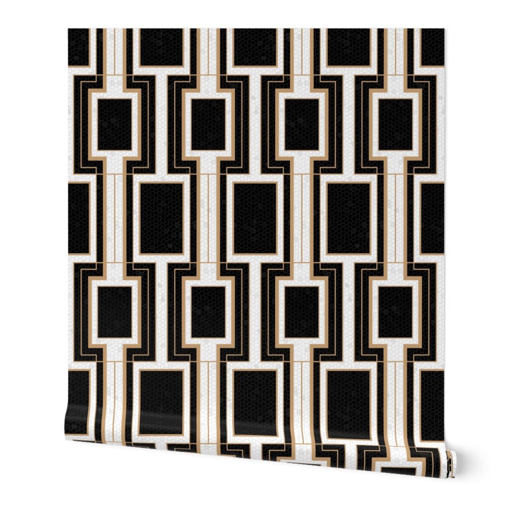 Small Art Deco Geometric Rectangles in Cracked Black and Faux Gold Wallpaper eggshell pattern wallpaper