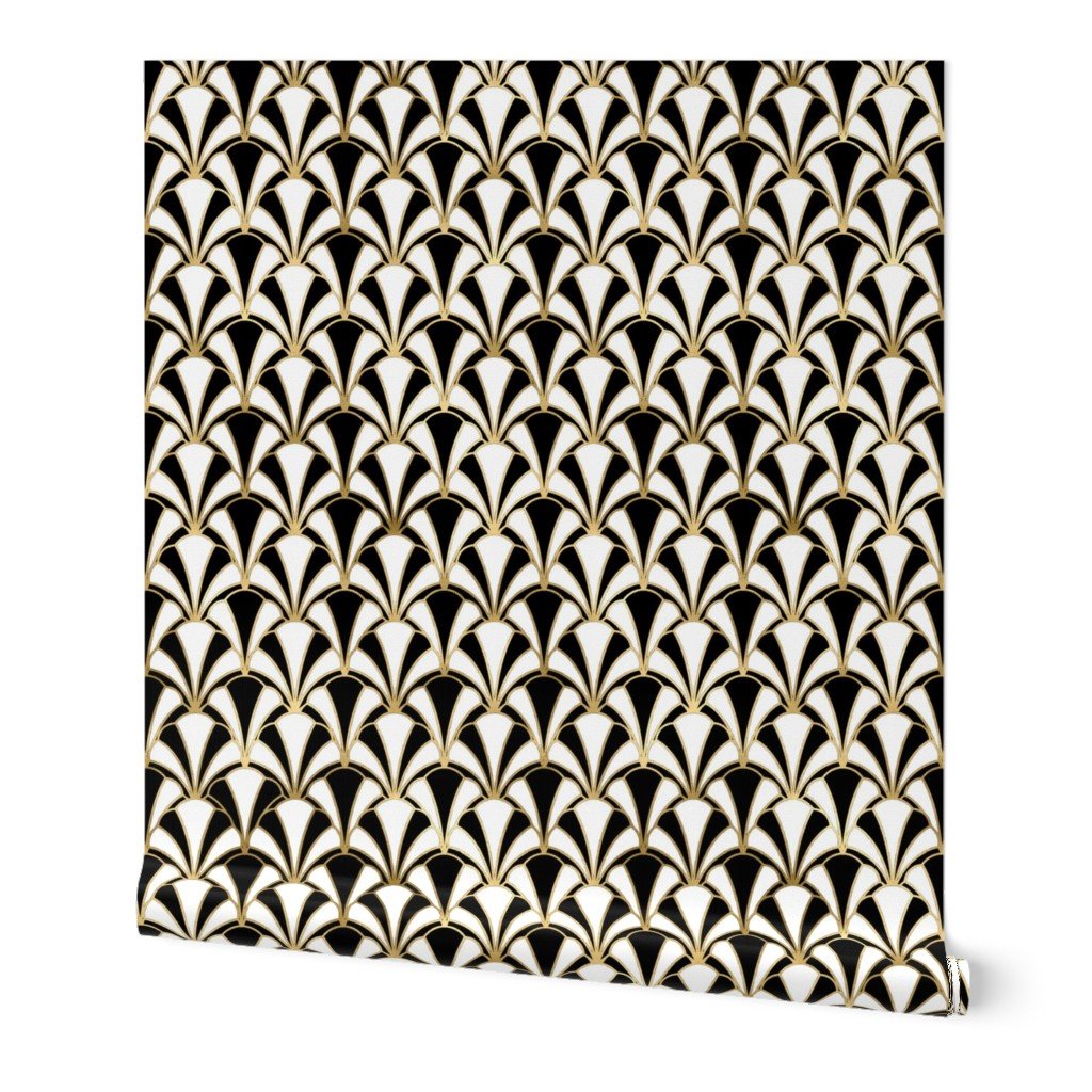 Scallop Shells in Black and Gold Art Deco Vintage Foil Pattern Wallpaper eggshell pattern wallpaper