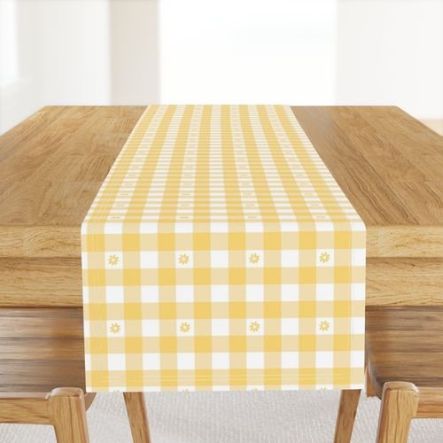 Buttercup Yellow and White Gingham Check with Center Floral Medallions in Home Decor Collection Home Styling Collection yellow and white table runner design
